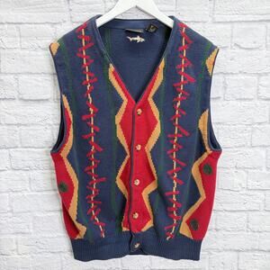 Vintage Greg Norman Cardigan Sweater Vest Loud Design Size L Navy Blue Red Golf